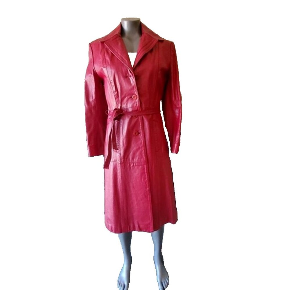 Vintage 1970s Brazilian Long Leather Matrix Trench Coat Small